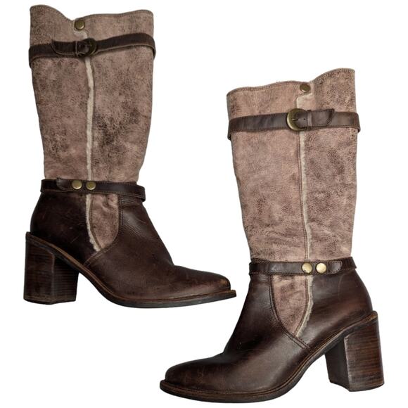 Matisse Brown Leather Beige Suede Shearling Lined Block Heel Tall Boots 9.5 - Picture 1 of 8